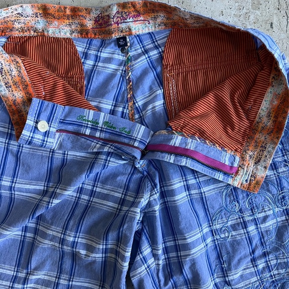 Robert Graham Blue Plaid Embroidered Ocean Waves Shorts Size 36 - Picture 7 of 9